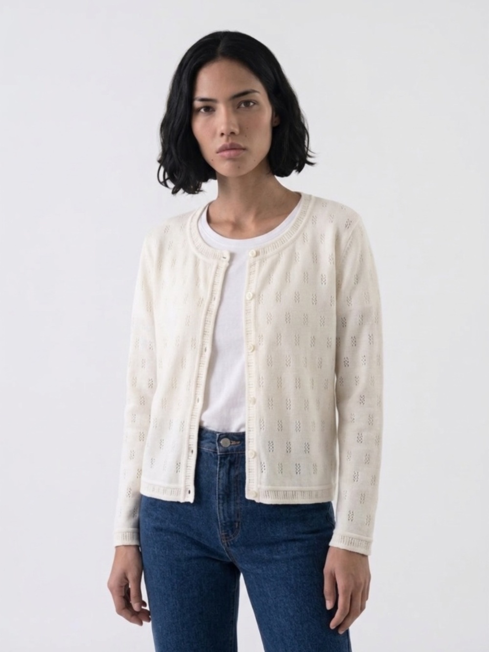 Classic Cream Pointelle Cotton Cardigan – Size L (Fits like S/M)
